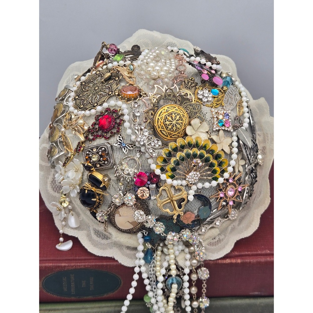 Handmade Brooch Bridal Bouquet One of a Kind Repurposed Jewelry Cats Butterfly